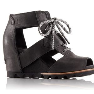 Sorel Joanie Women's Black Leather Lace Up Wedge Bootie Sandal